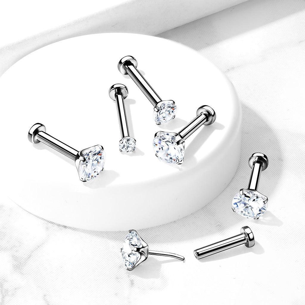 Cartilage/tragus jewelry, Push In Prong CZ Top titanium labret 3 sizes