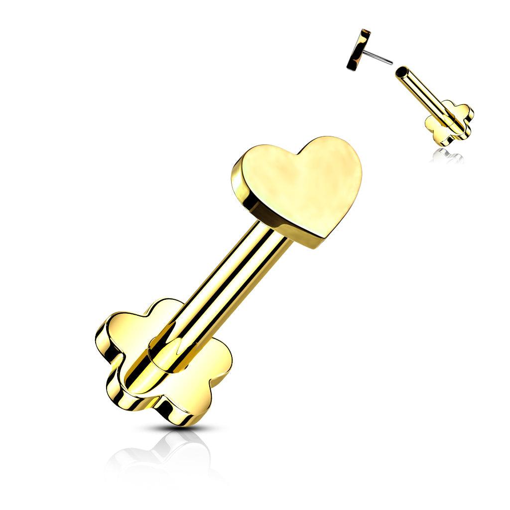 Titanium cartilage/tragus jewelry, Push In Heart 2 in 1 labret (gold)