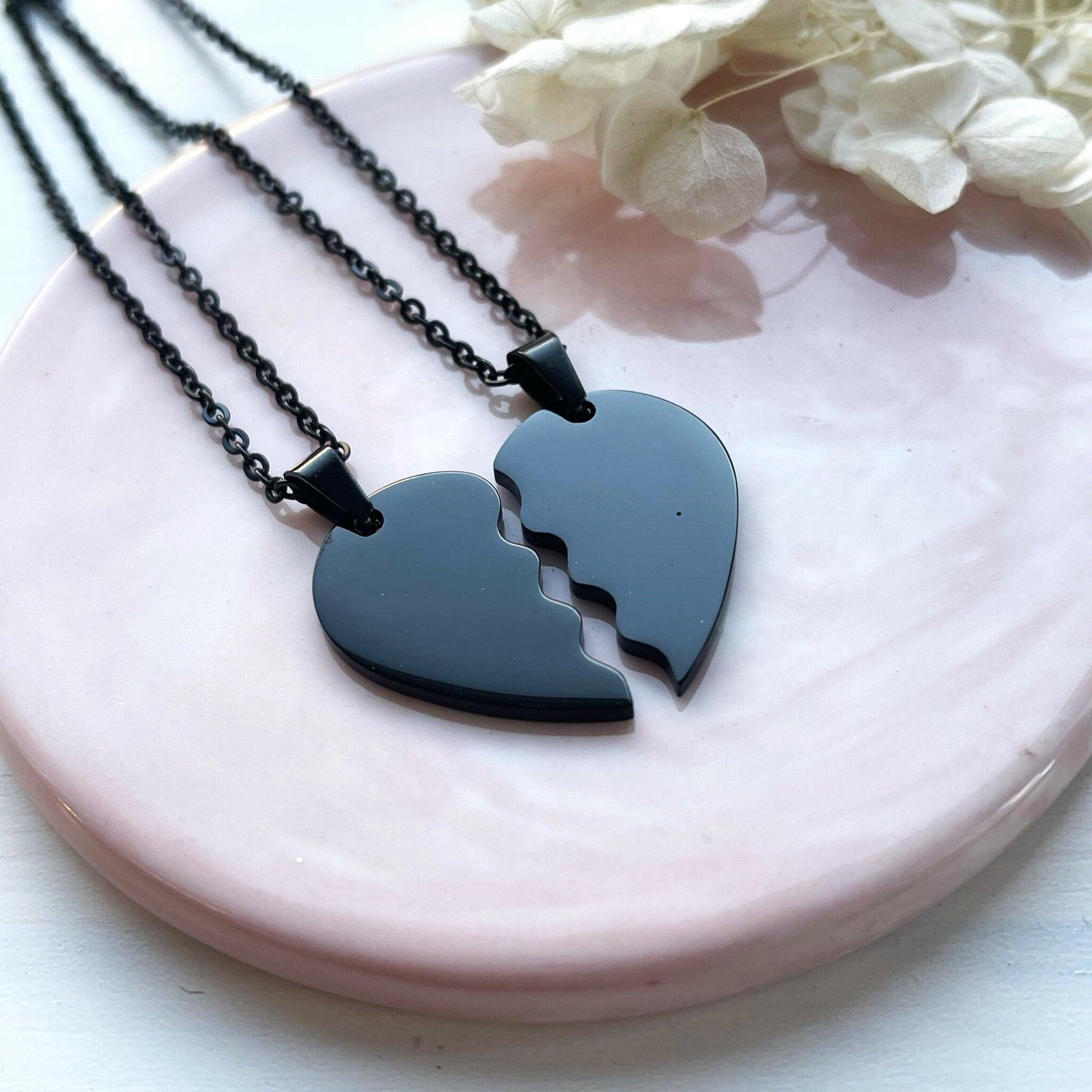 Surgical steel necklace, Twin Peaks split heart necklace (black)