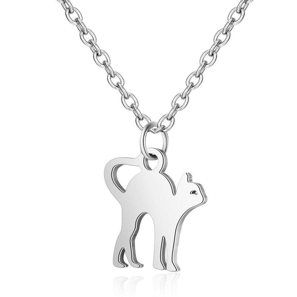 Surgical Steel Necklace, Stretching Cat Cat Necklace (Silver)