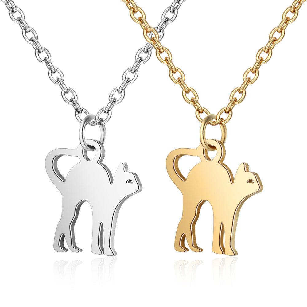 Surgical Steel Necklace, Stretching Cat Cat Necklace (Gold)