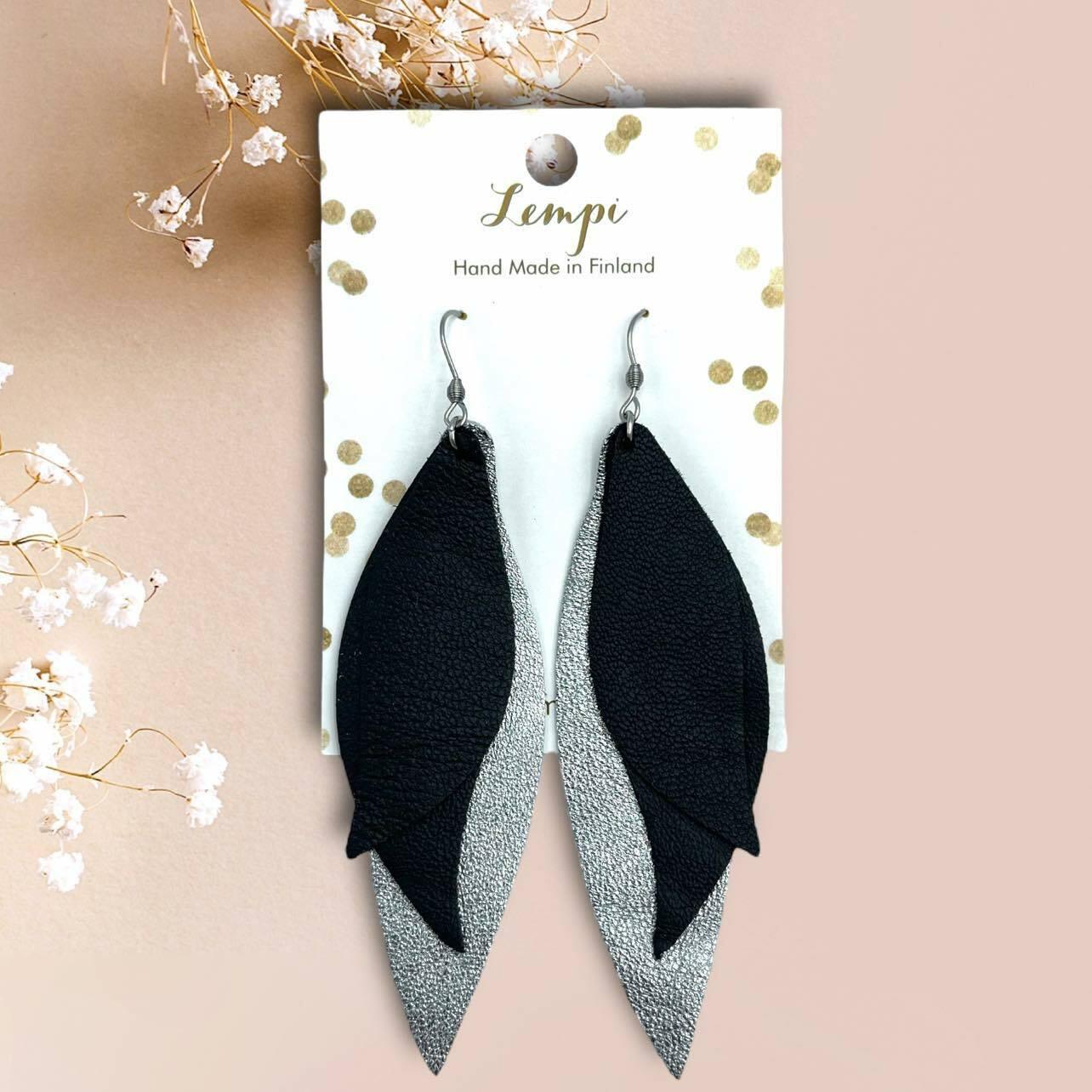 LEMPI® earrings, Wings (titanium - black, leather)