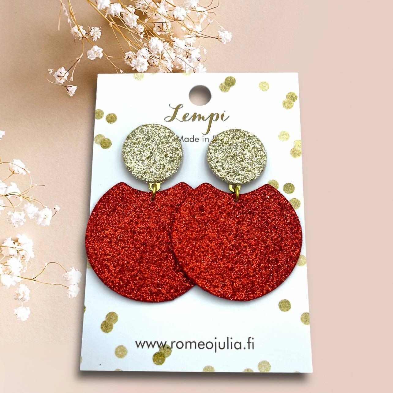 LEMPI® earrings, Tilda -size M (red &amp; gold glitter)