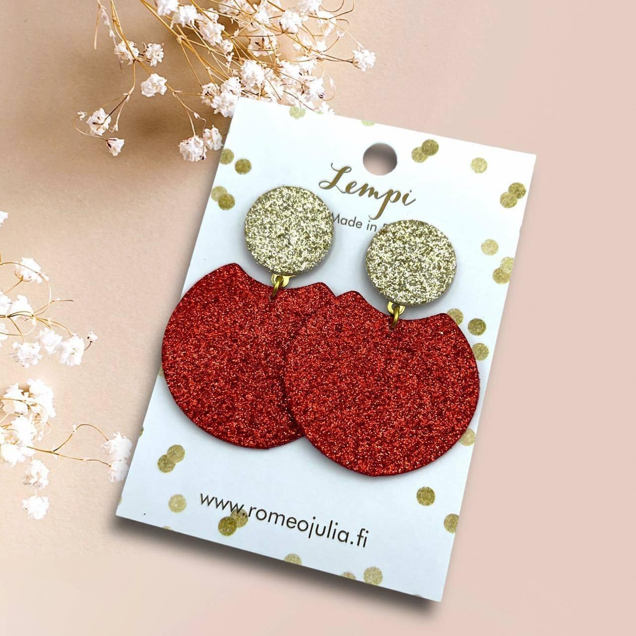 LEMPI® earrings, Tilda -size M (red &amp; gold glitter)