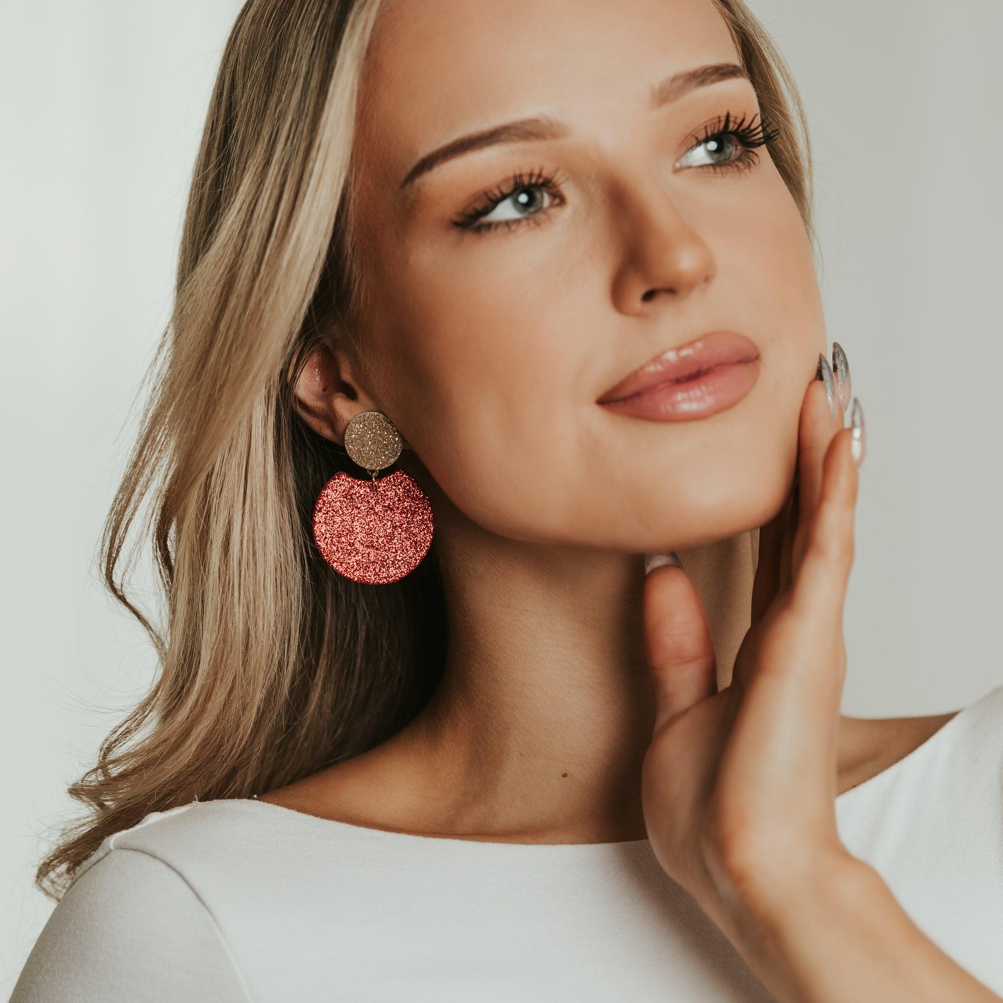 LEMPI® earrings, Tilda -size M (red &amp; gold glitter)