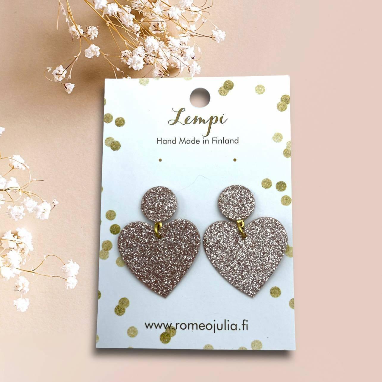 LEMPI® earrings, Hellä - sparkling rose gold heart earrings