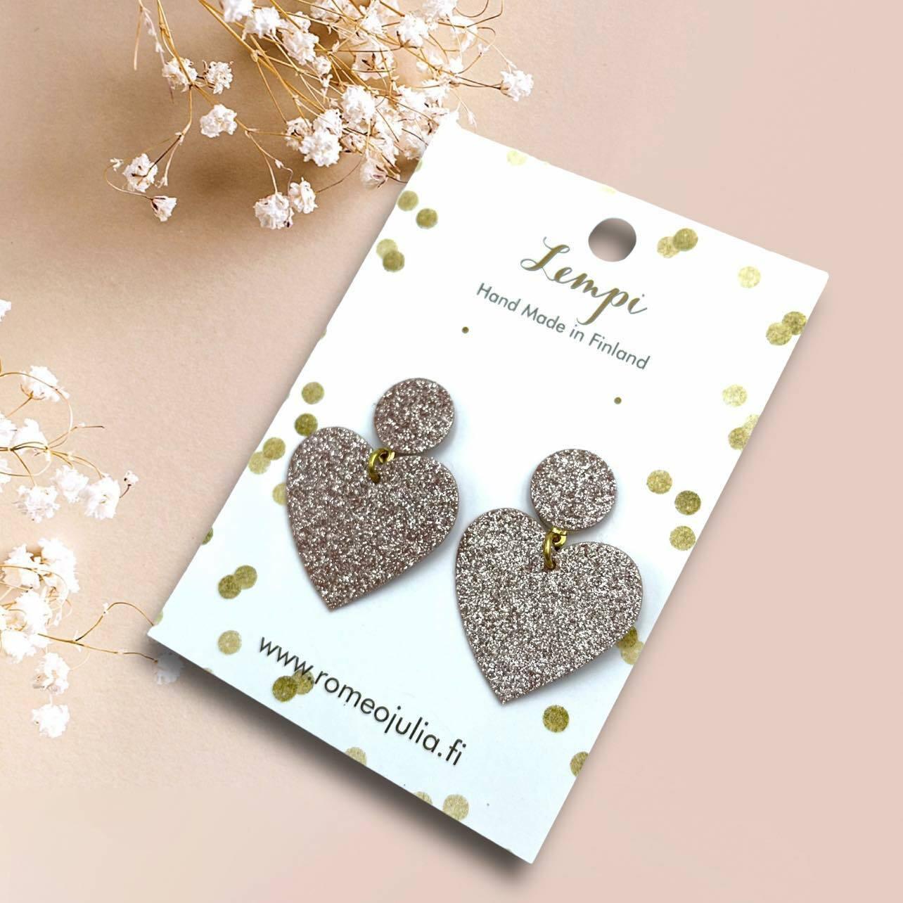 LEMPI® earrings, Hellä - sparkling rose gold heart earrings