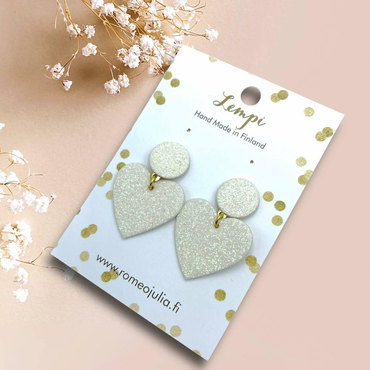 LEMPI® earrings, Hellä - sparkling white heart earrings