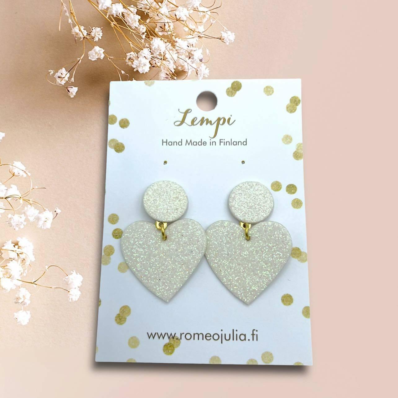 LEMPI® earrings, Hellä - sparkling white heart earrings