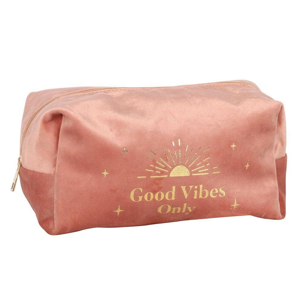 Good Vibes Only pink velvet makeup bag