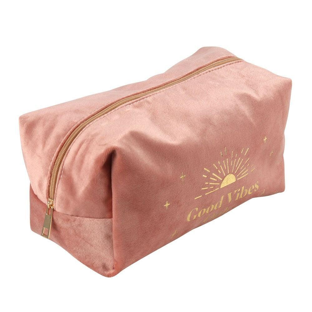 Good Vibes Only pink velvet makeup bag