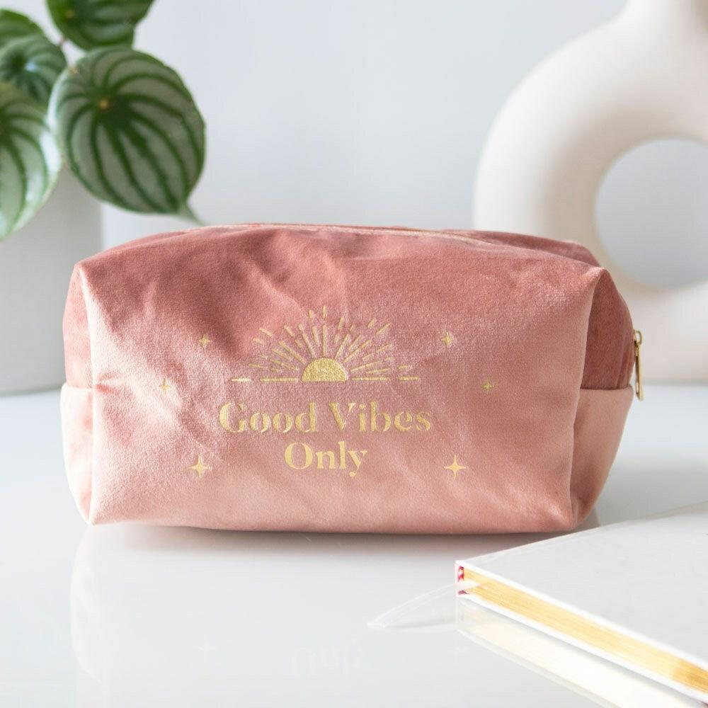 Good Vibes Only pink velvet makeup bag