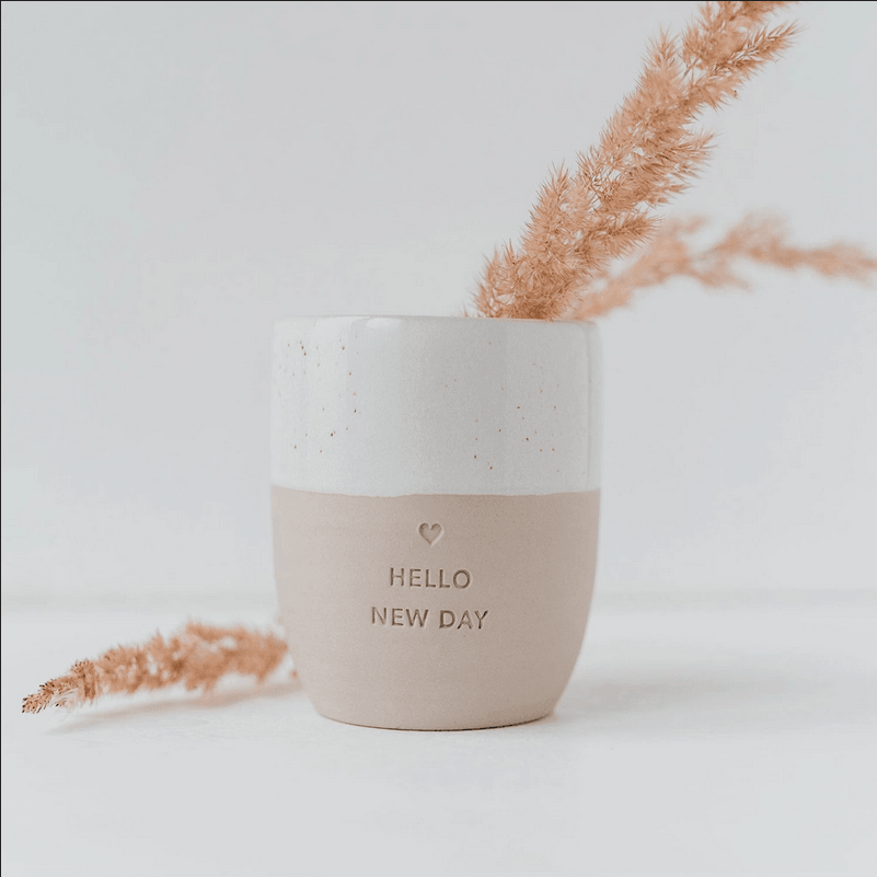 Mug, Hello New Day Mug - handmade rimless text mug