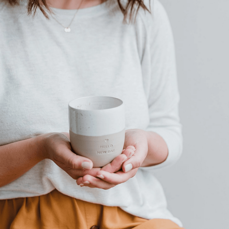 Mug, Hello New Day Mug - handmade rimless text mug