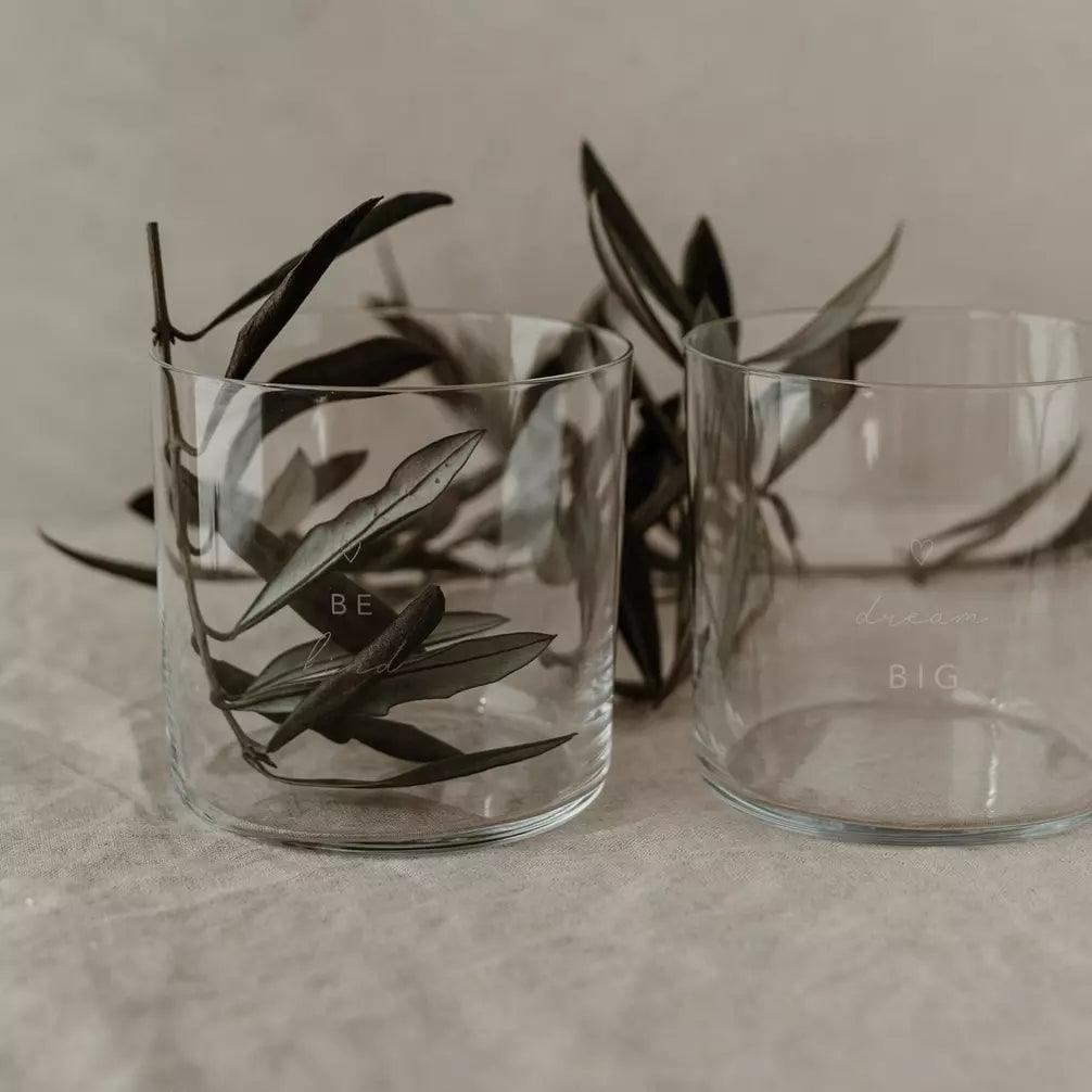 Set of two glasses, Be Kind / Dream Big minimalist drinking glasses