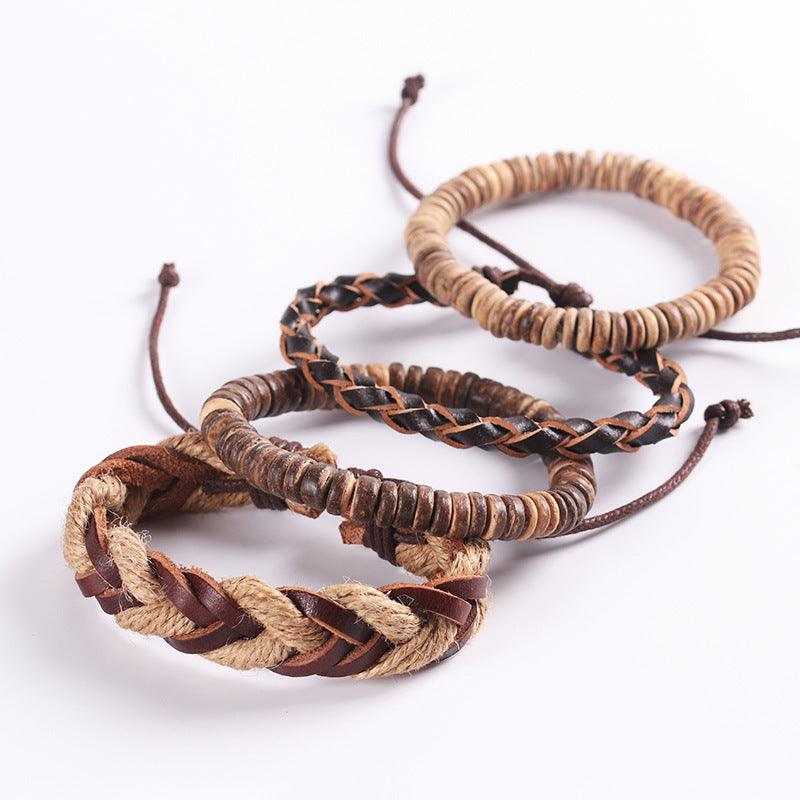 Bracelet set, Jimmy -brown leather &amp; wood bracelet set