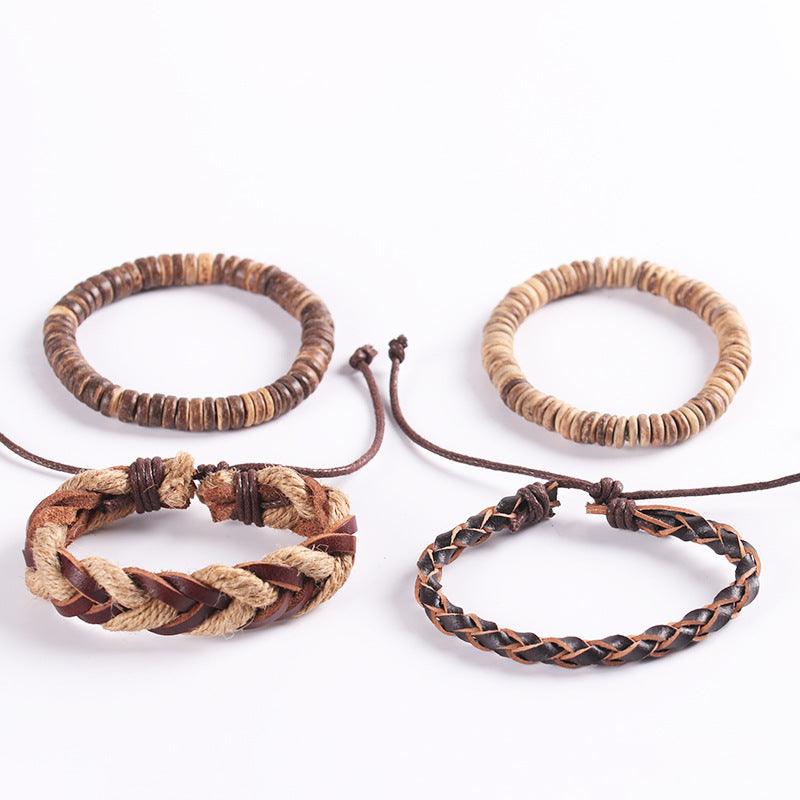 Bracelet set, Jimmy -brown leather &amp; wood bracelet set