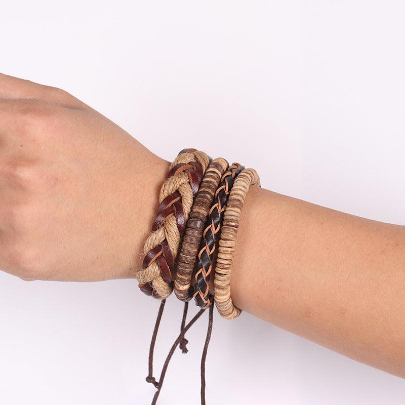 Bracelet set, Jimmy -brown leather &amp; wood bracelet set