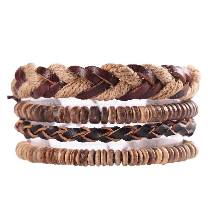 Bracelet set, Jimmy -brown leather &amp; wood bracelet set