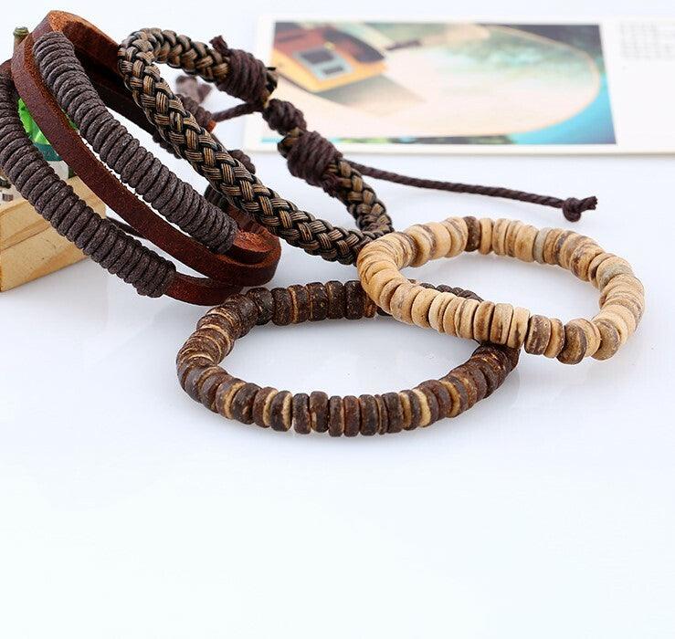 Bracelet set, Joshua -brown leather &amp; wood bracelet set