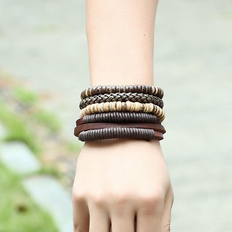 Bracelet set, Joshua -brown leather &amp; wood bracelet set