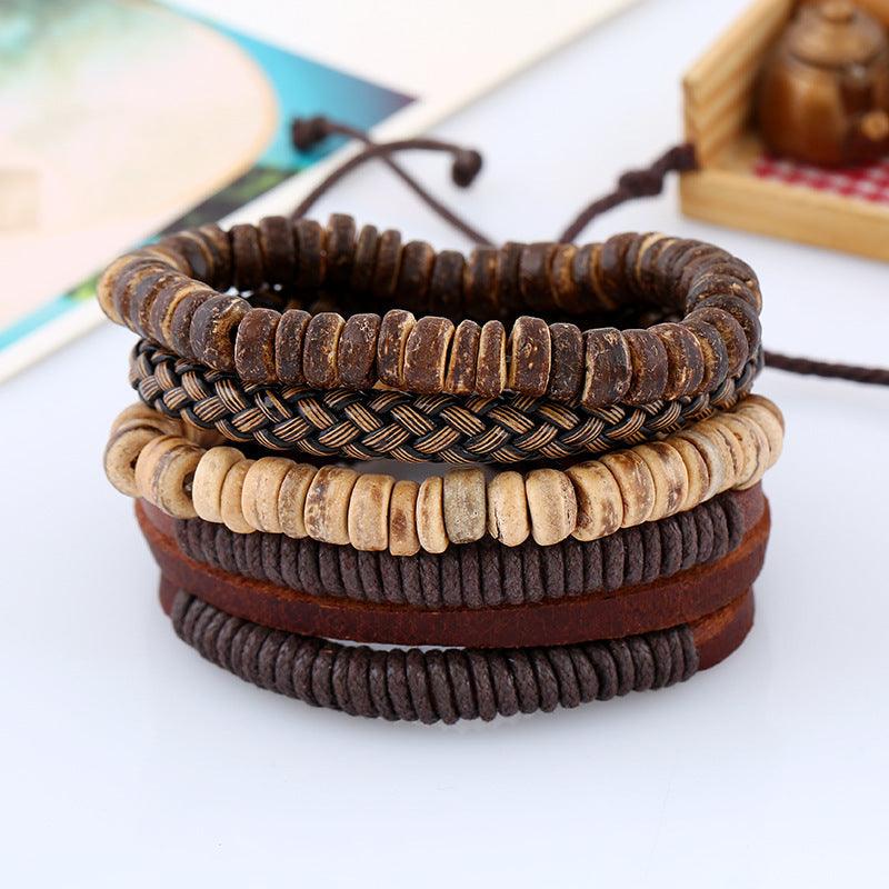 Bracelet set, Joshua -brown leather &amp; wood bracelet set