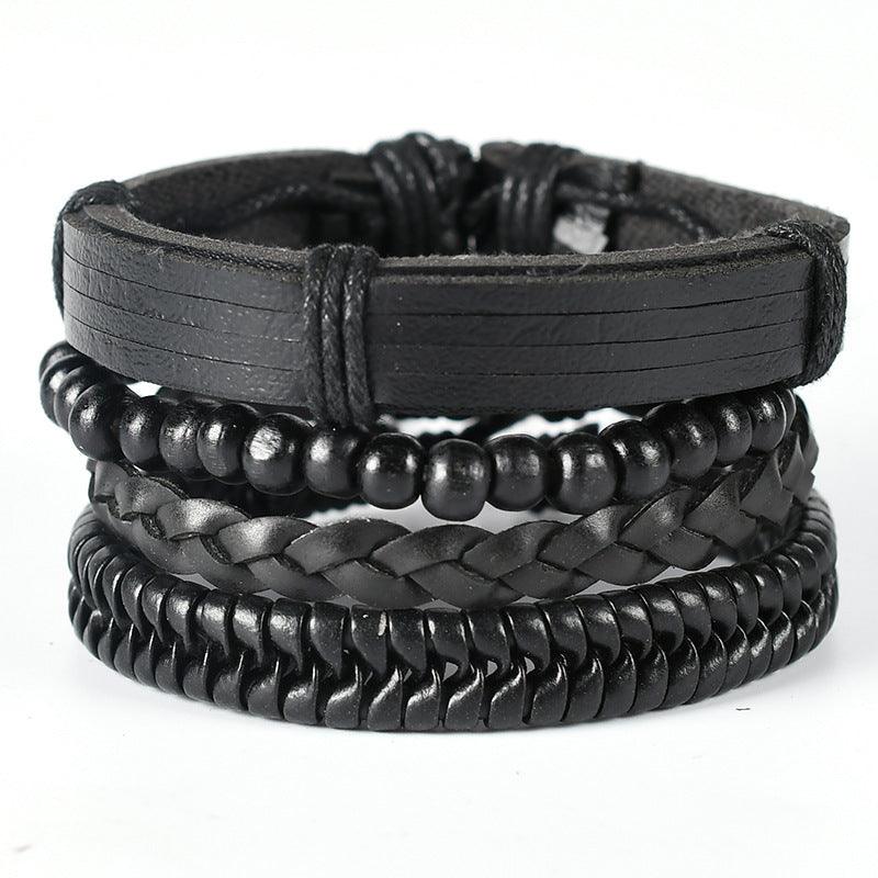 Bracelet set, Nick -black leather &amp; wood bracelet set