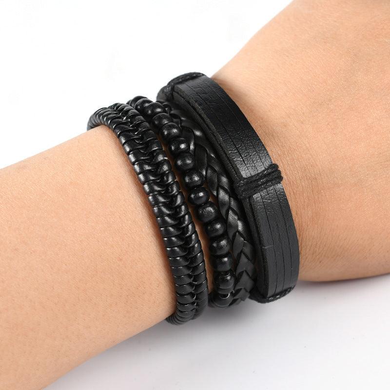 Bracelet set, Nick -black leather &amp; wood bracelet set