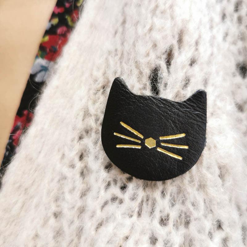 FRENCH RIVIERA|Cat -recycled leather cat brooch (silver)