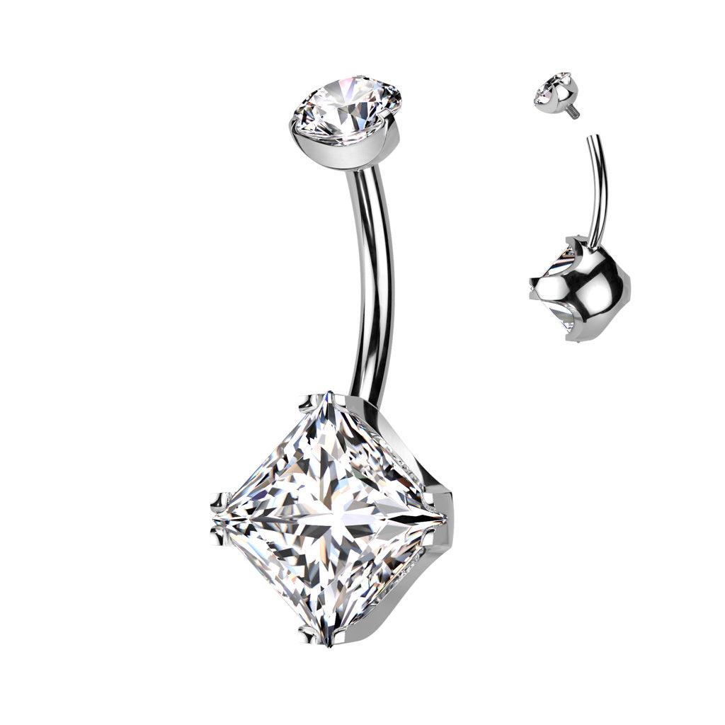 Diamond CZ Belly Button Ring -hopeanvärinen napakoru kirkkain kivin