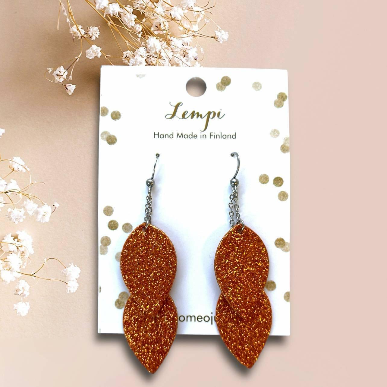 LEMPI® earrings, Delicate Leaves (orange glitter)