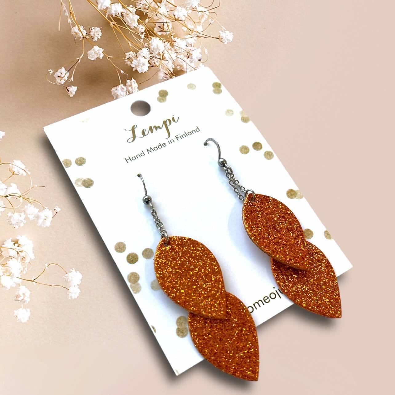 LEMPI® earrings, Delicate Leaves (orange glitter)