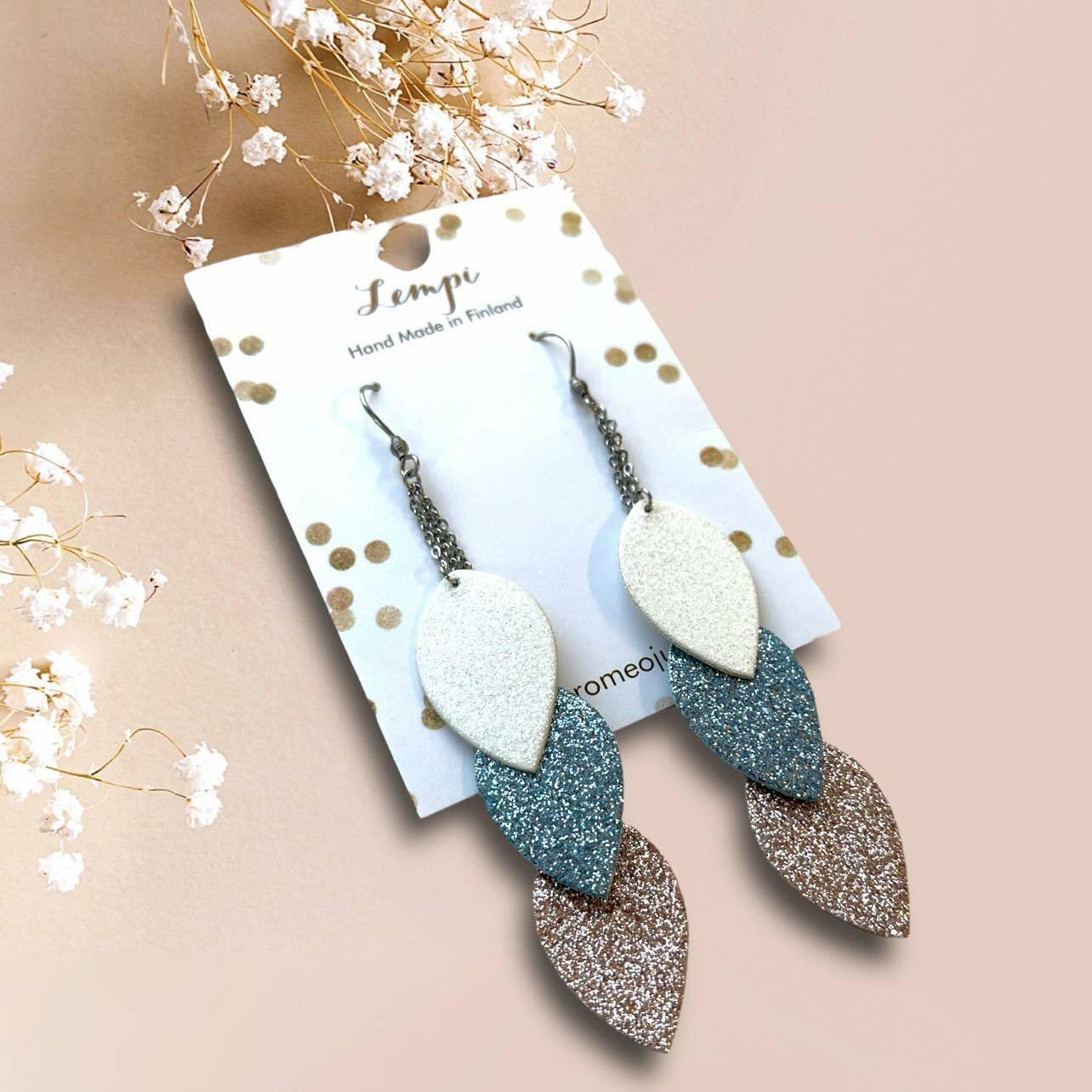 LEMPI® earrings, Delicate Leaves (3-piece, glitter pastel)