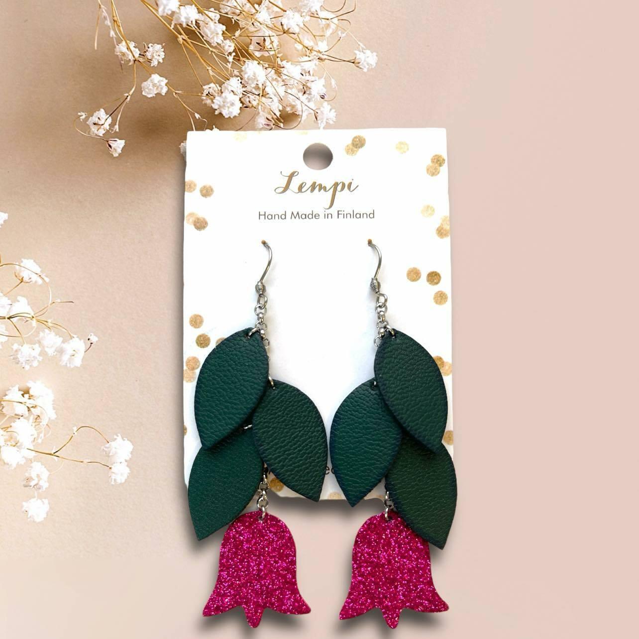 LEMPI® earrings, Frida (green, fuchsia glitter)