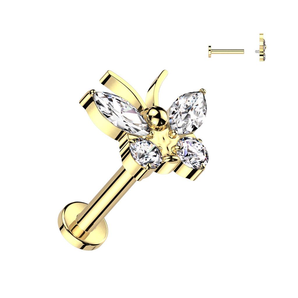 Titanium cartilage/tragus jewelry, Butterfly Top glittering labret (gold)