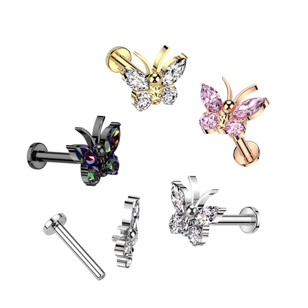 Titanium cartilage/tragus jewelry, Butterfly Top glittering labret (gold)