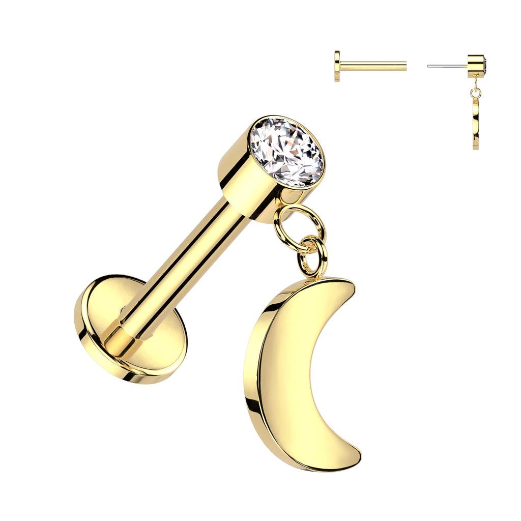 Titanium cartilage/tragus piercing, Push In Dangly Moon in Gold