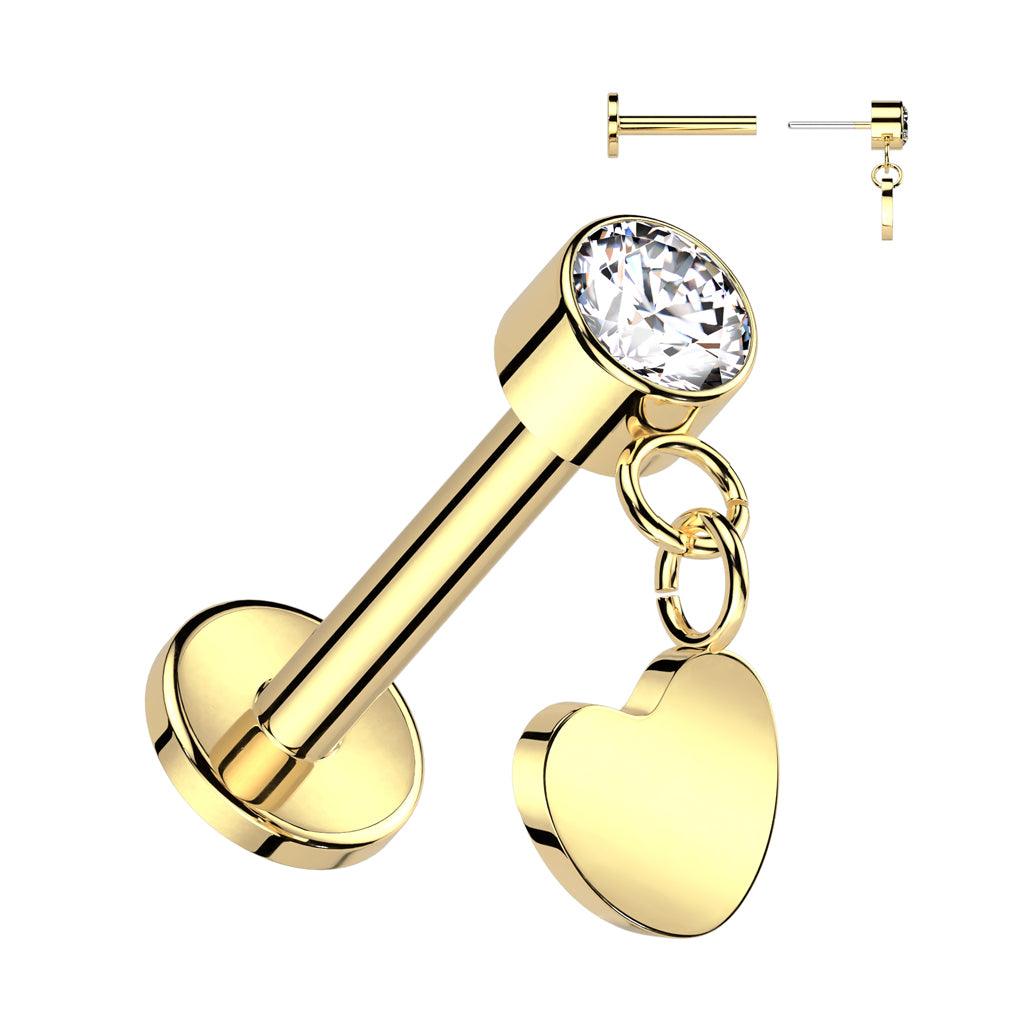 Titanium cartilage jewelry/tragus jewelry, Push In Dangly Heart in Gold