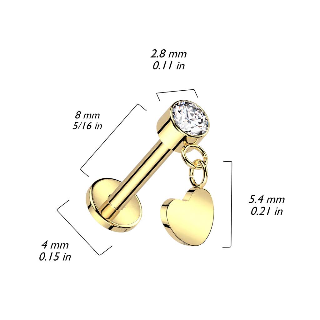 Titanium cartilage jewelry/tragus jewelry, Push In Dangly Heart in Gold