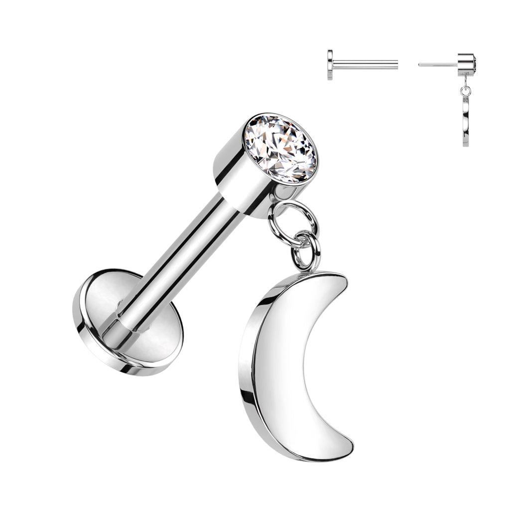 Titanium cartilage/tragus piercing, Push In Dangly Moon in Silver