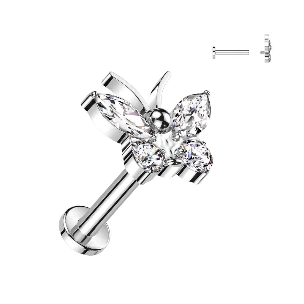 Titanium cartilage/tragus jewelry, Butterfly Top glittering labret (silver)