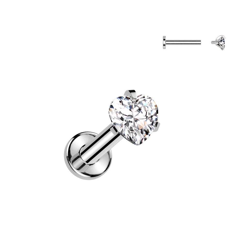 Titanium Cartilage/Tragus Jewelry, Small Heart CZ Top in Silver