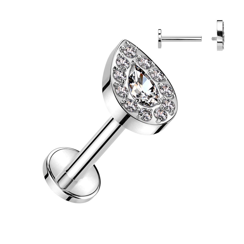 Titanium cartilage/tragus jewelry, Teardrop Top glittering labret (silver)