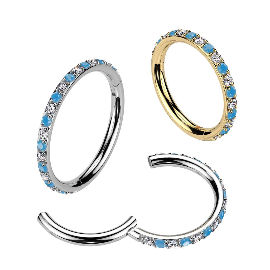 Piercing ring 1.2mm, Gold Titanium Hoop Blue CZ titanium clicker