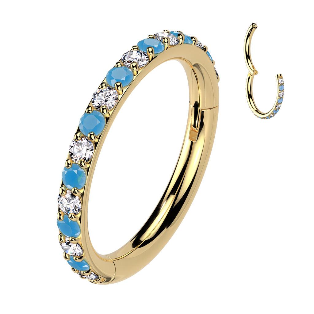 Lävistysrengas 1,2mm, Gold Titanium Hoop Blue CZ -titaaninen clicker