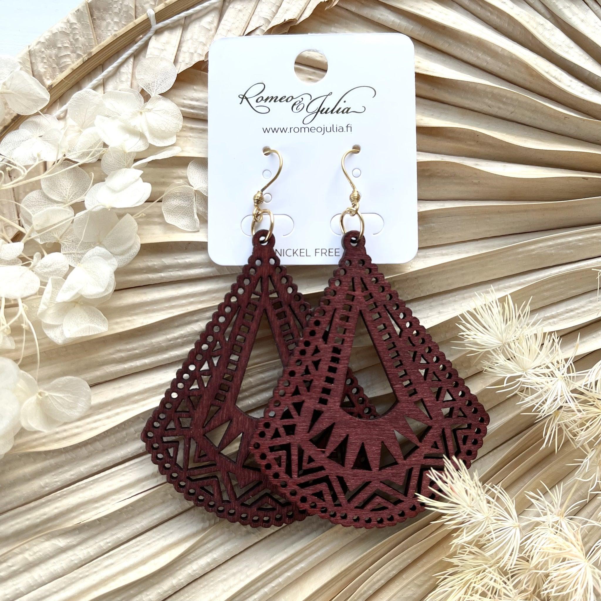 Wooden Earrings, Brown Triangles with Lace Decoration