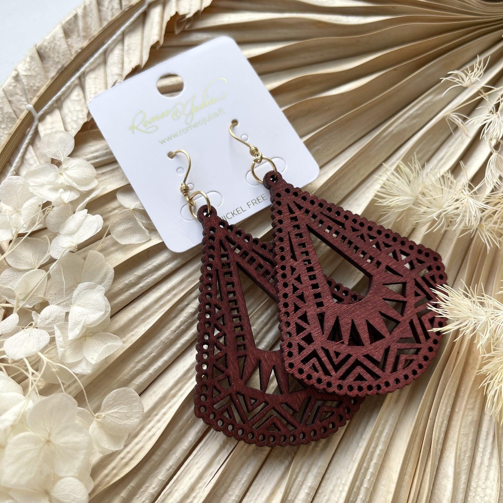 Wooden Earrings, Brown Triangles with Lace Decoration