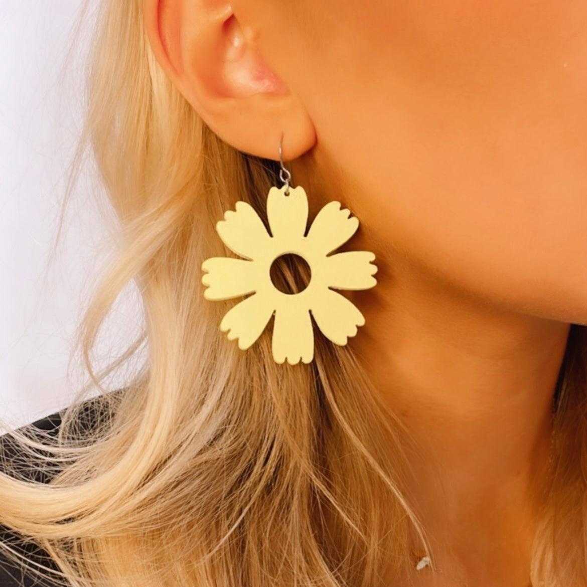 Wooden earrings, Buttercup yellow flower earrings