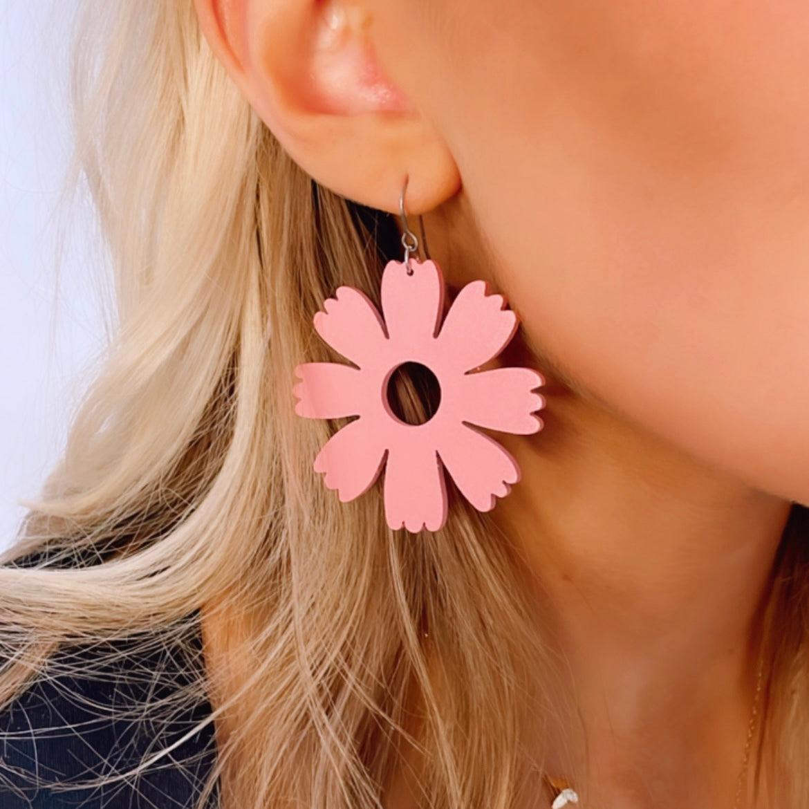 Wooden earrings, Buttercup -pink flower earrings