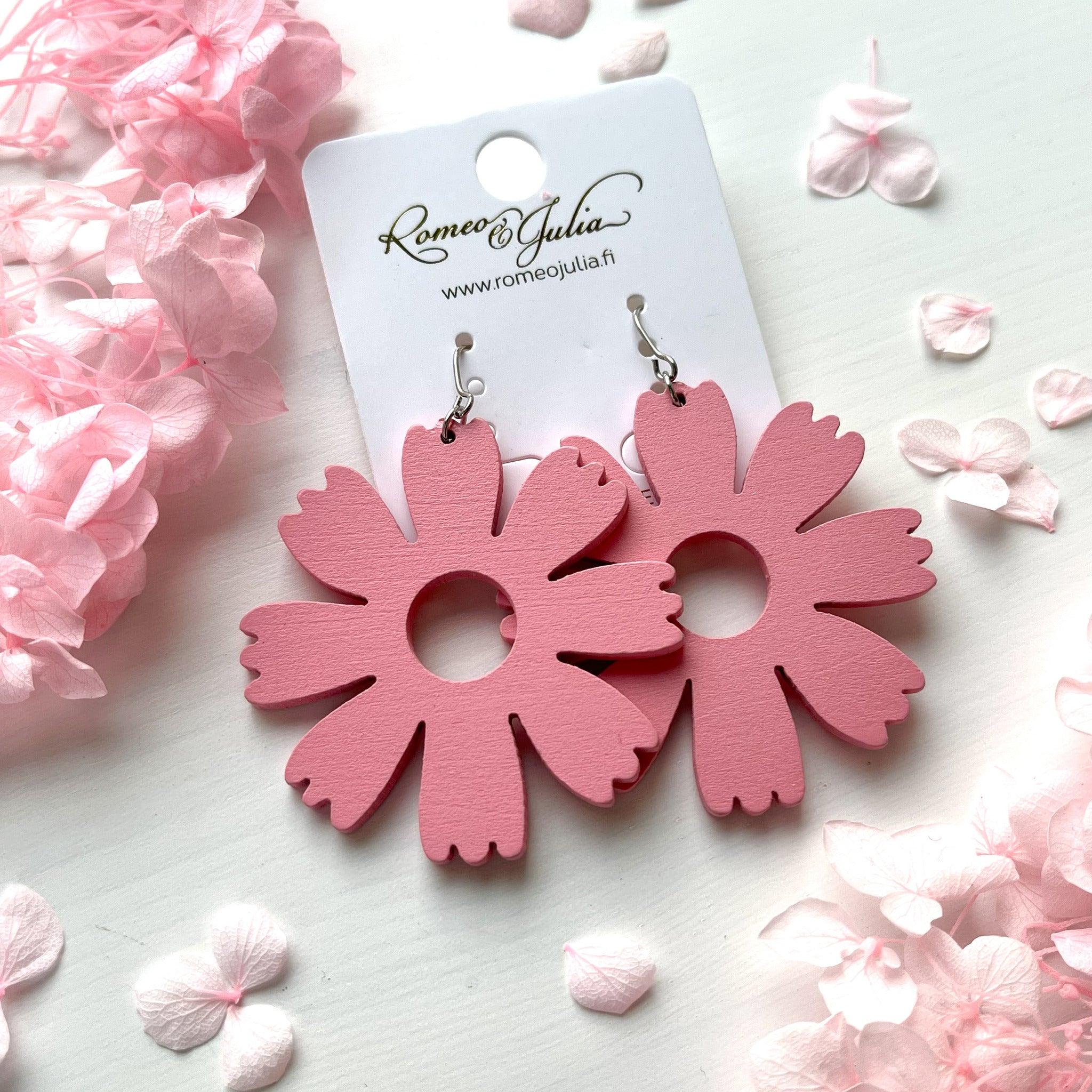 Wooden earrings, Buttercup -pink flower earrings